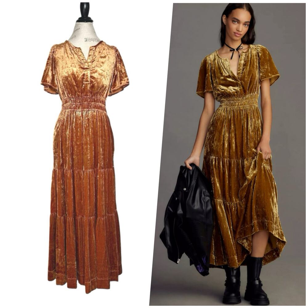 By Anthropologie | Women | The Somerset Copper Crushed Velvet Maxi Dress | Small